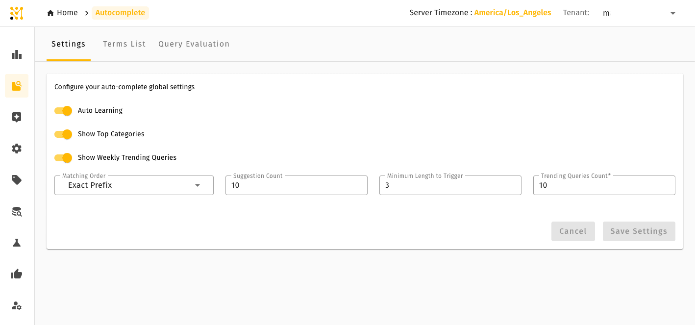 Autocomplete Settings tab — toggles for auto-learning, trending queries, suggestion count, and minimum trigger length
