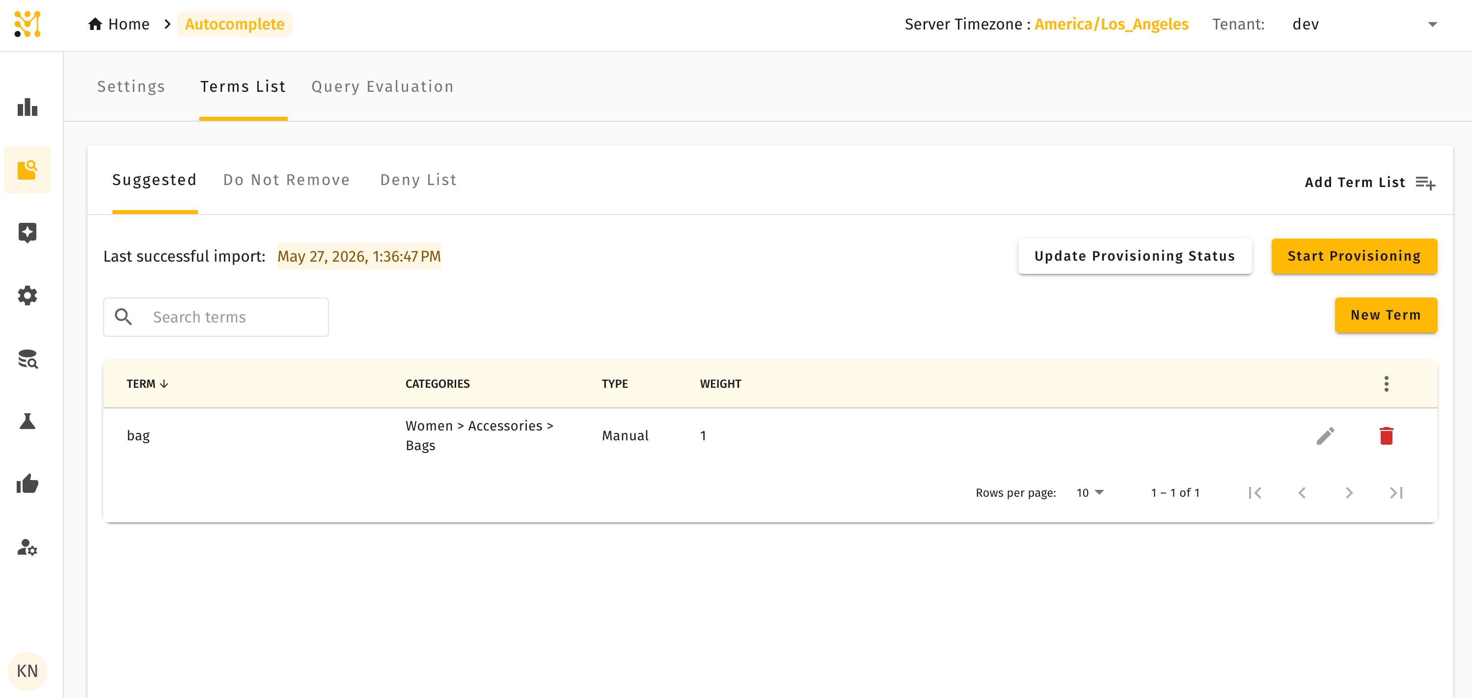 Autocomplete section — Terms List tab showing suggested, protected, and blocked terms
