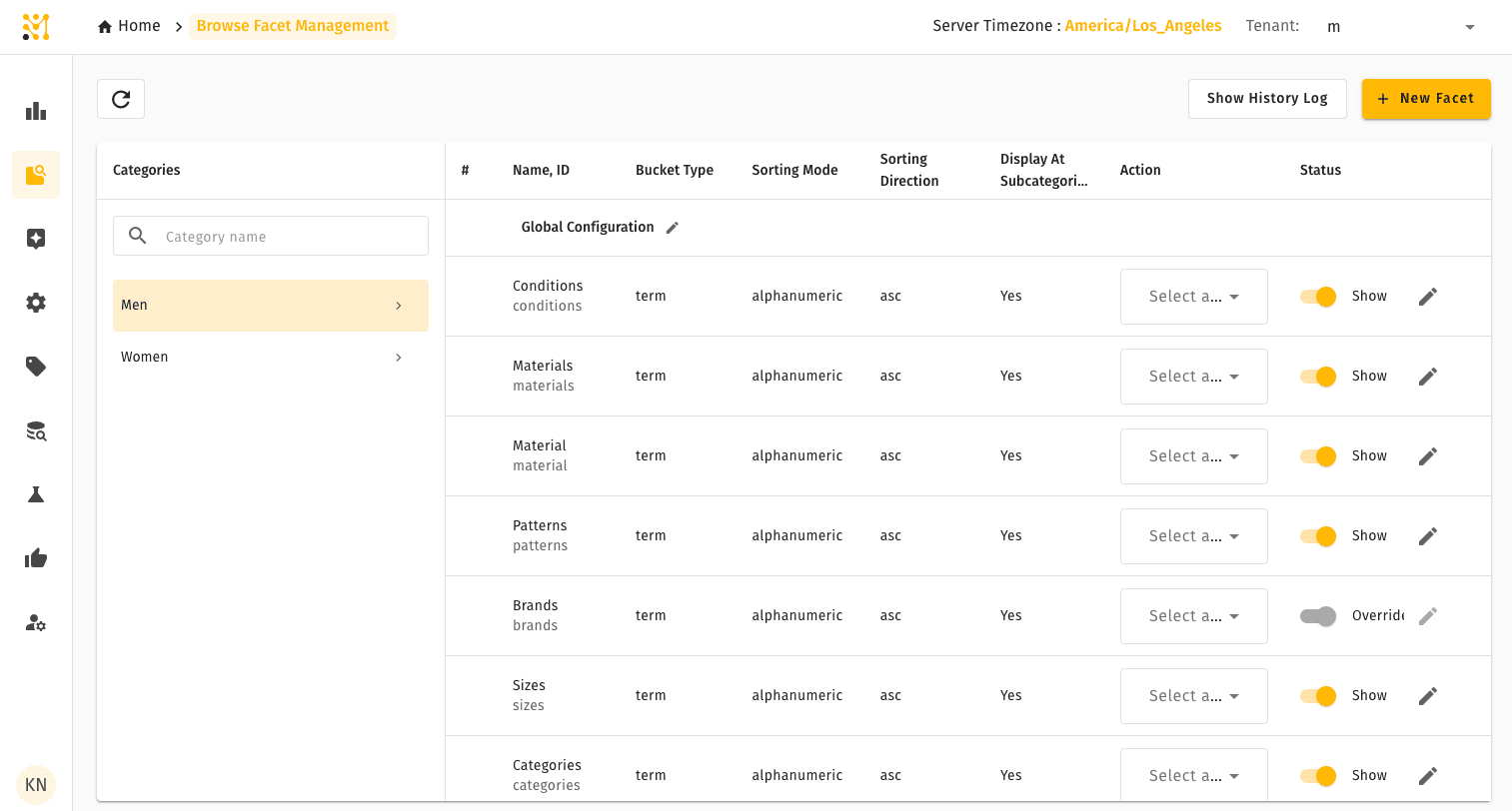 Browse Facet Management — category tree on the left, configured facets on the right