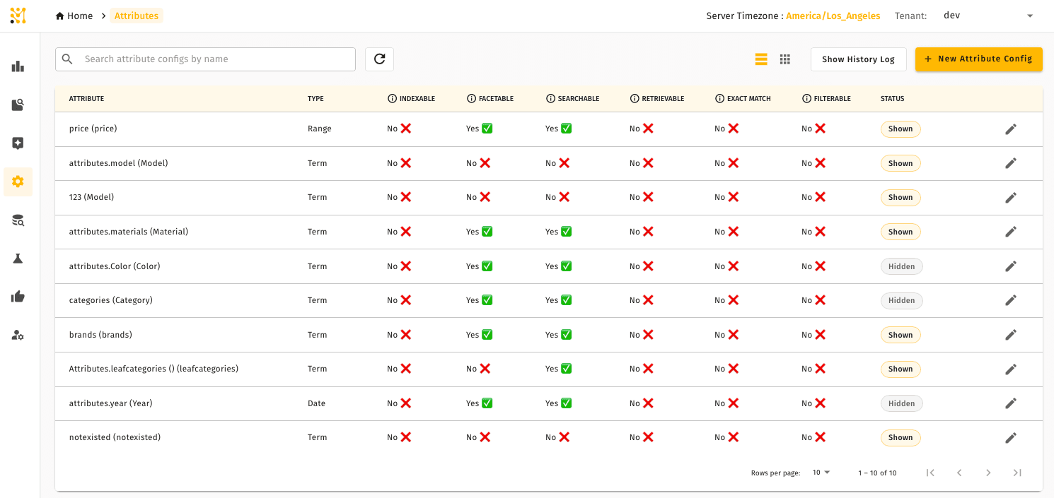 Attribute Management table listing product attributes with type, Indexable, Facetable, Searchable, Retrievable, Exact Match, Filterable, and Status columns