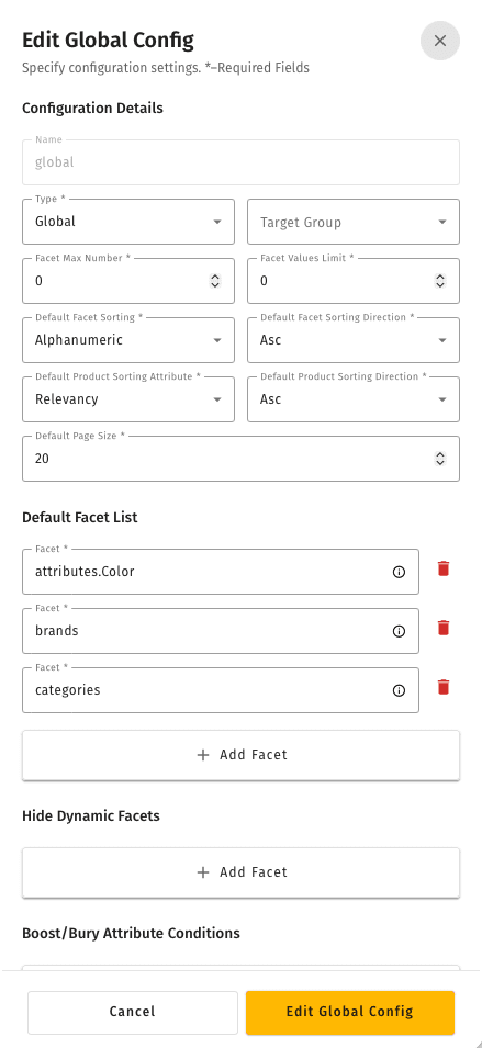 Edit Global Config slide-in panel with Configuration Details, Default Facet List, and Hide Dynamic Facets sections