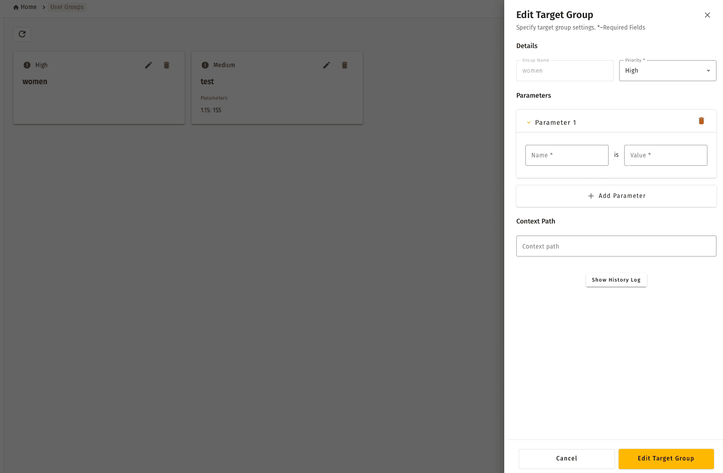 Edit Target Group panel with Group Name, Priority, Parameters, and Context Path fields alongside the Target Groups list