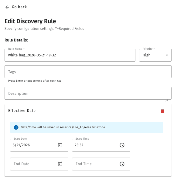 Discovery Rule editor — fields for action type, trigger, scope, priority, and effective dates