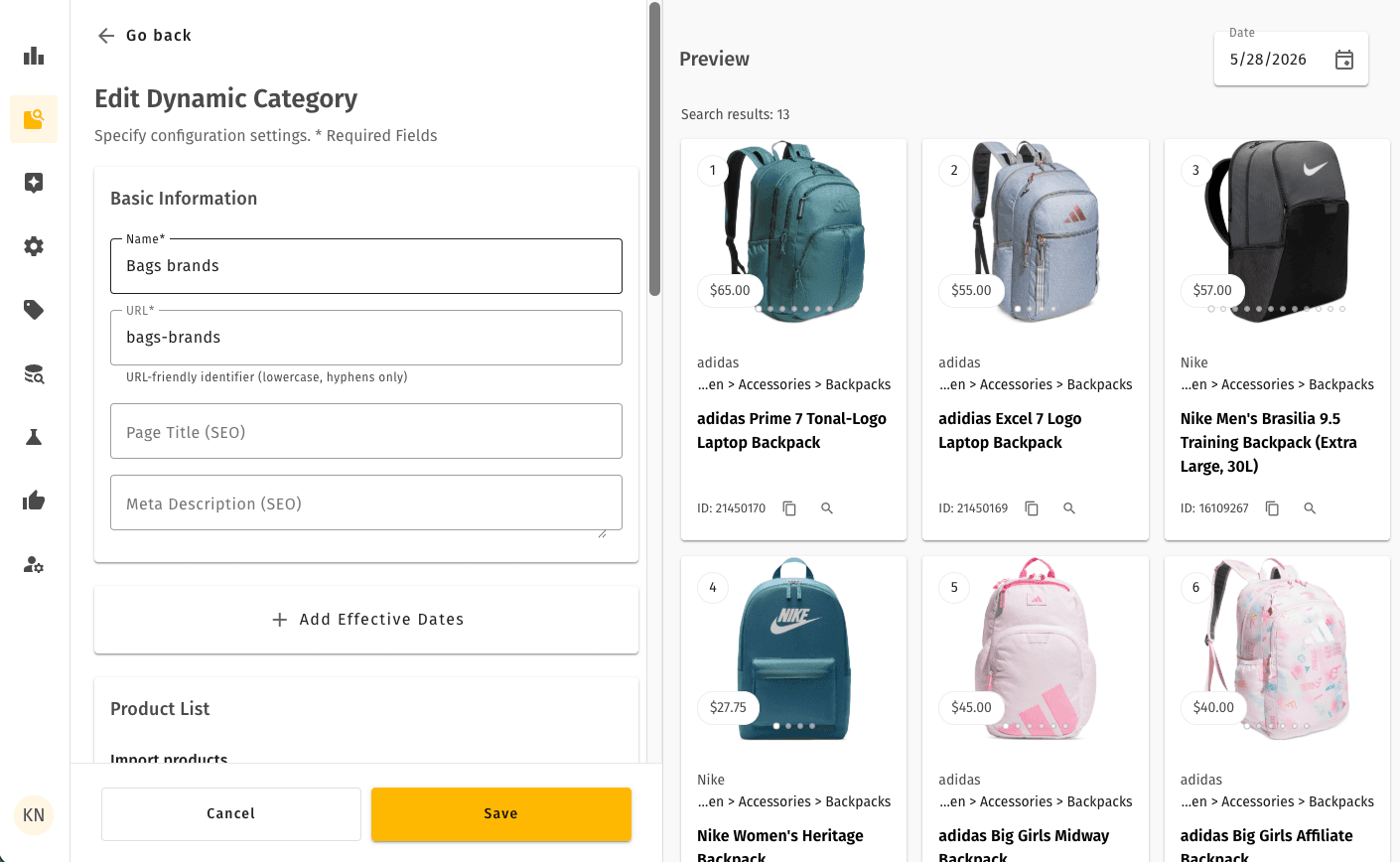 Dynamic Category editor — defining the saved query that powers a category