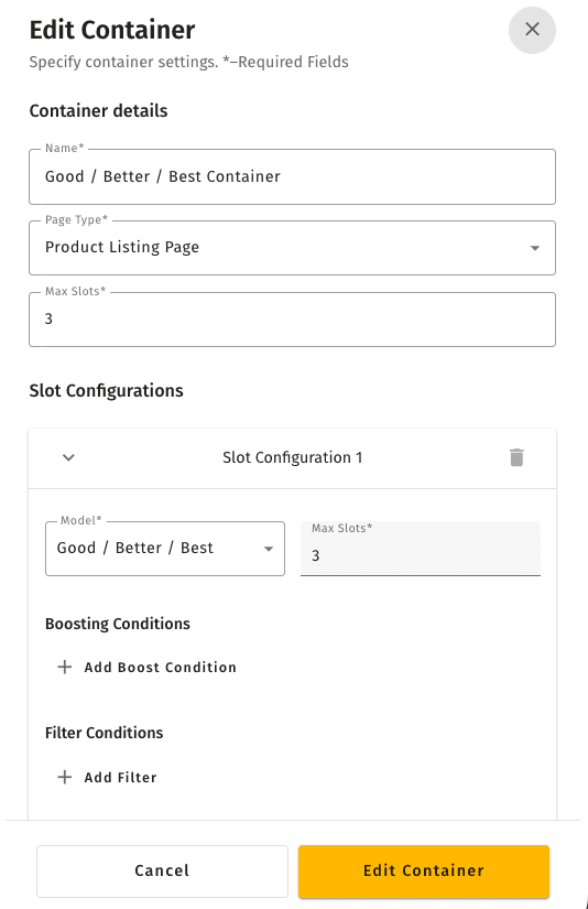 Recommendation Container editor — selecting the page type and assigning a model