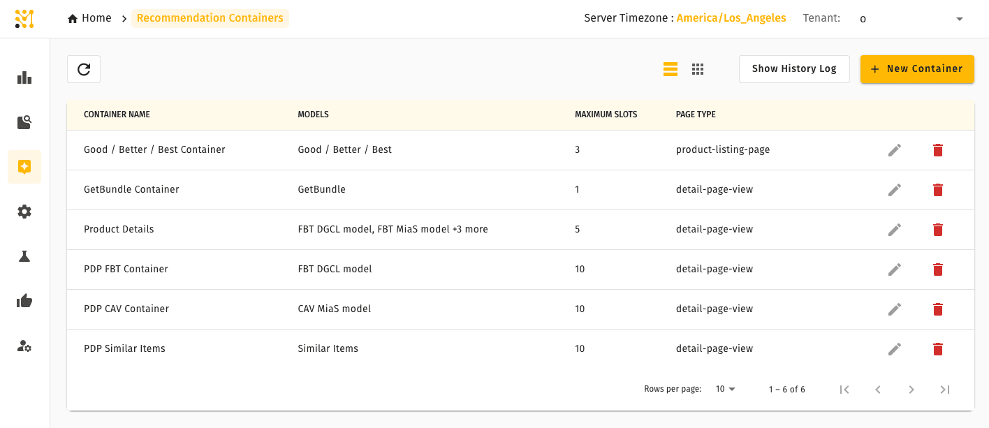 Recommendation Containers list — each row shows the container name, page type, and assigned model