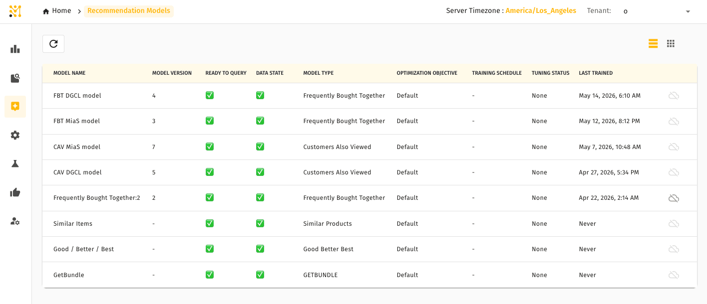 Recommendation Models list — model name, type, optimization objective, training status, and last trained timestamp