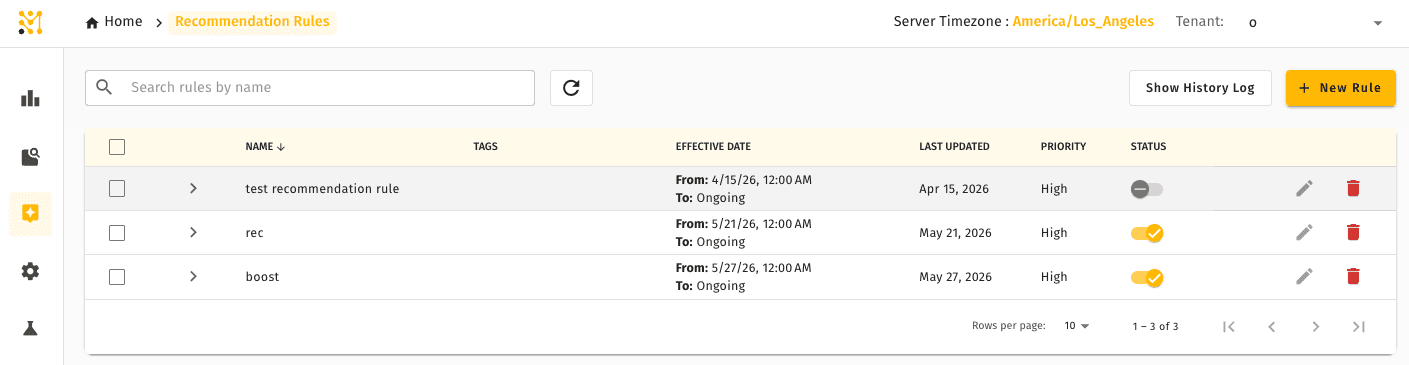 Recommendation Rules list — rule name, match condition, action, effective dates, and active status