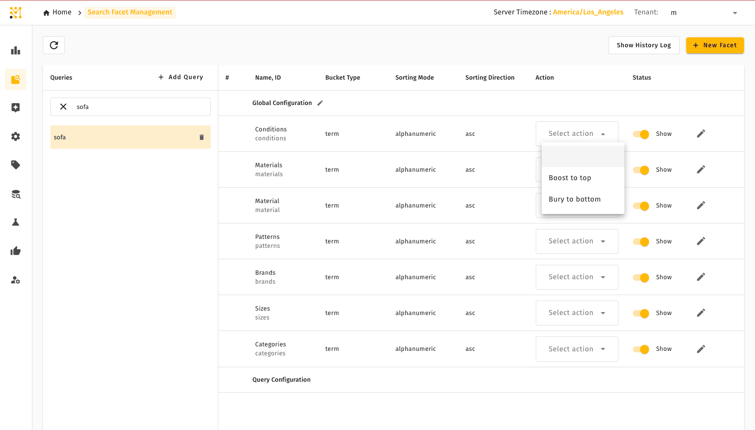 Search Facet Management — list of configured facets for search result pages with coverage and ordering