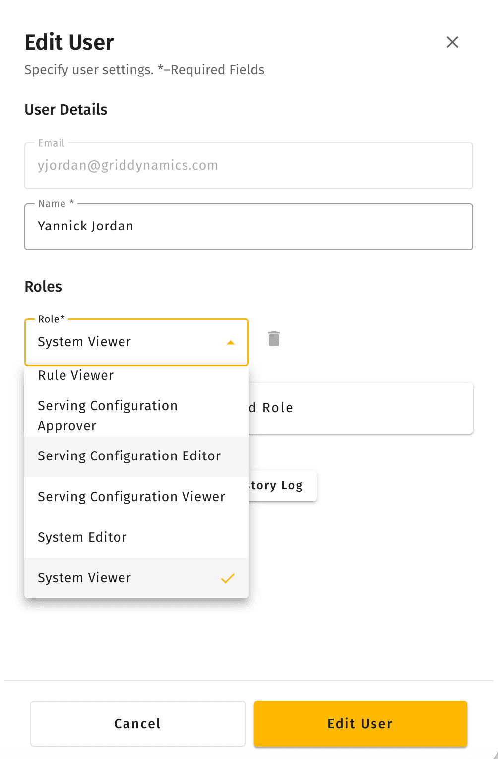 Edit User side panel with email read-only, name editable, and the role dropdown open showing Attribute Configuration Viewer, Attribute Enrichment Publisher, Attribute Enrichment Viewer, Autocomplete Approver, and Autocomplete Editor
