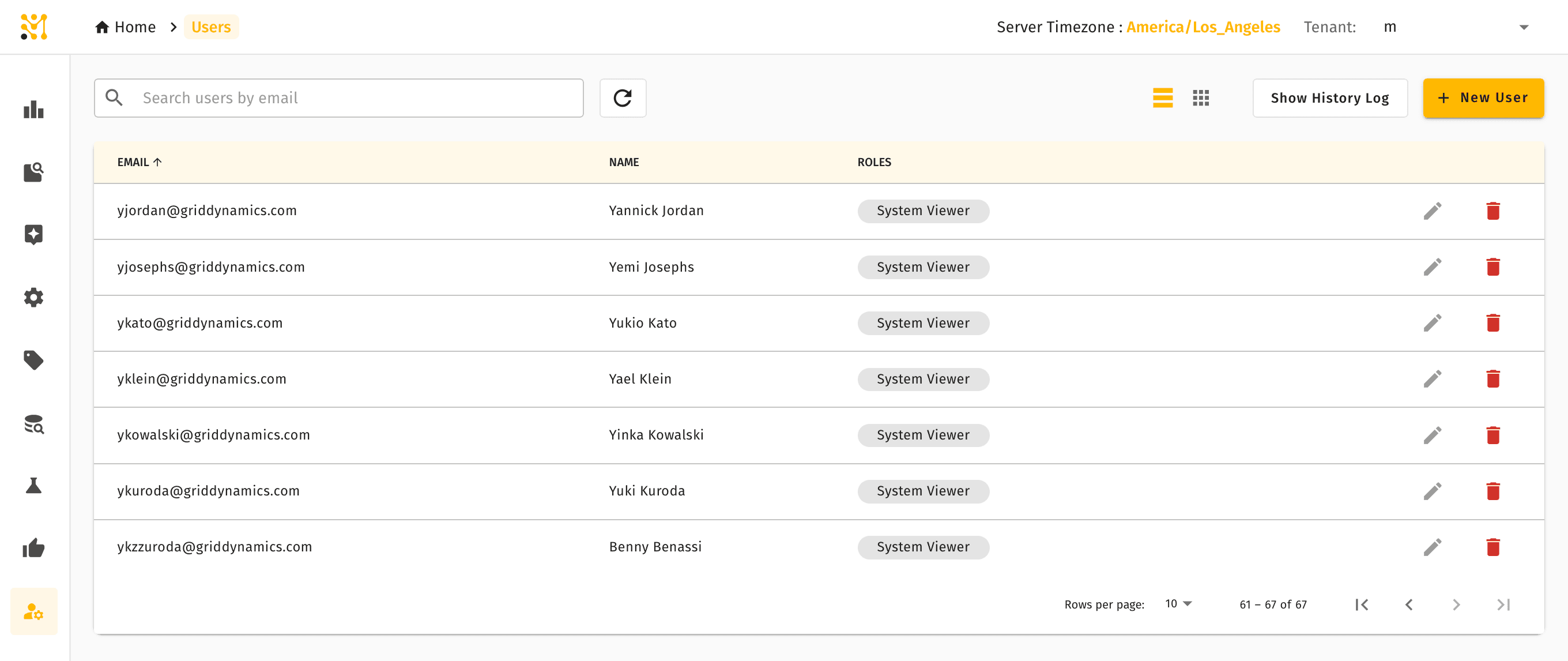 Users list showing email, name, and roles columns with search bar, refresh, view toggles, and Show History Log button