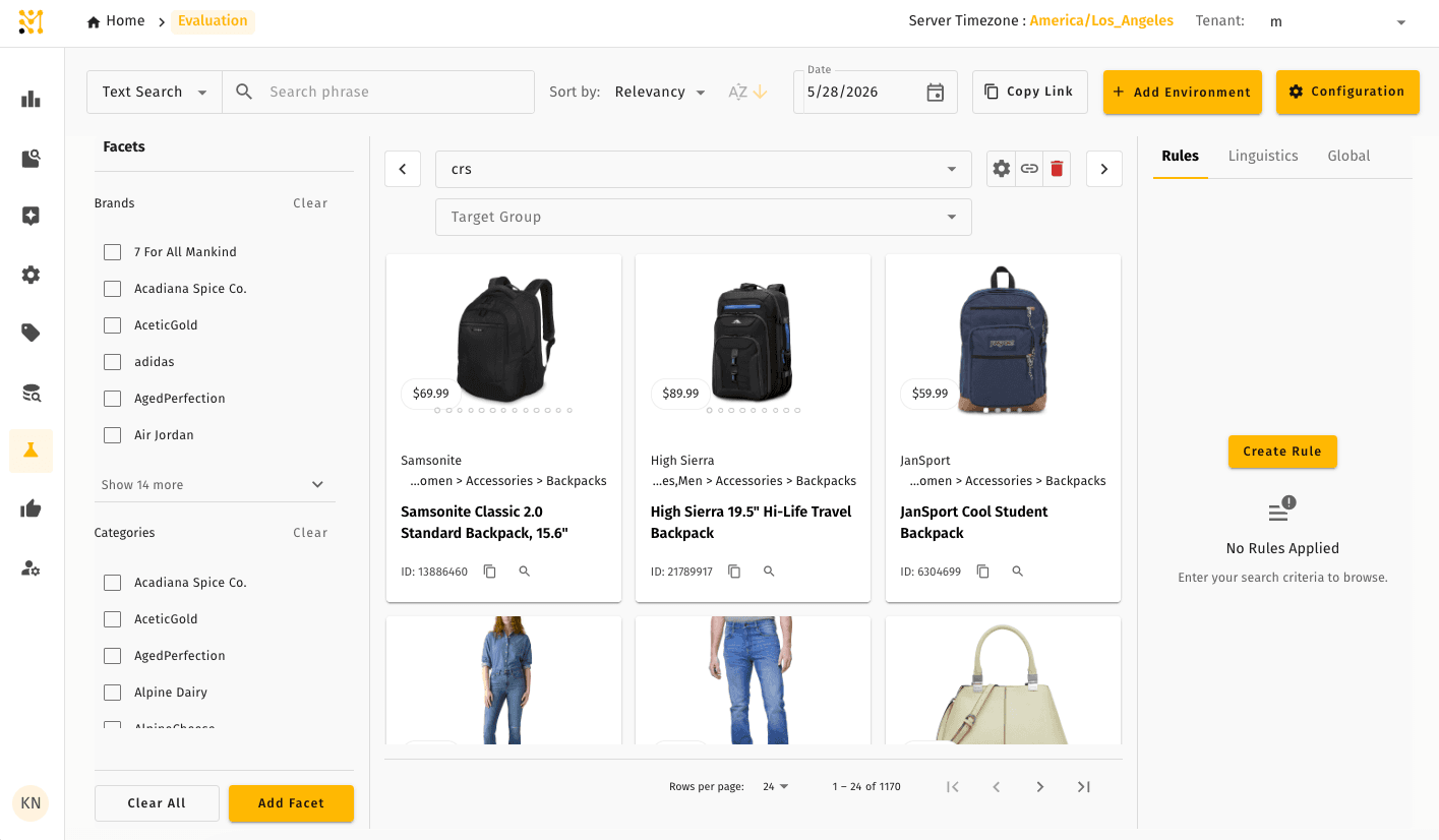 Evaluation workspace — query input, ranked results, facet panel, and the Rules / Linguistics / Global side tabs